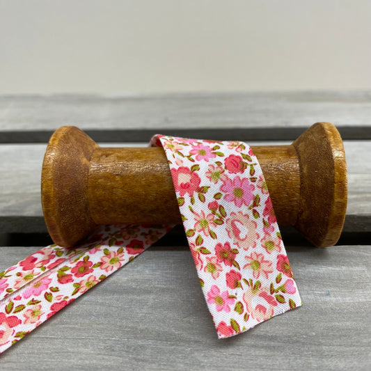 Pink Flowers Cotton Bias Binding 27mm