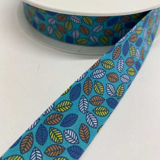 Autumn Leaves Cotton Bias Binding Blue 27mm