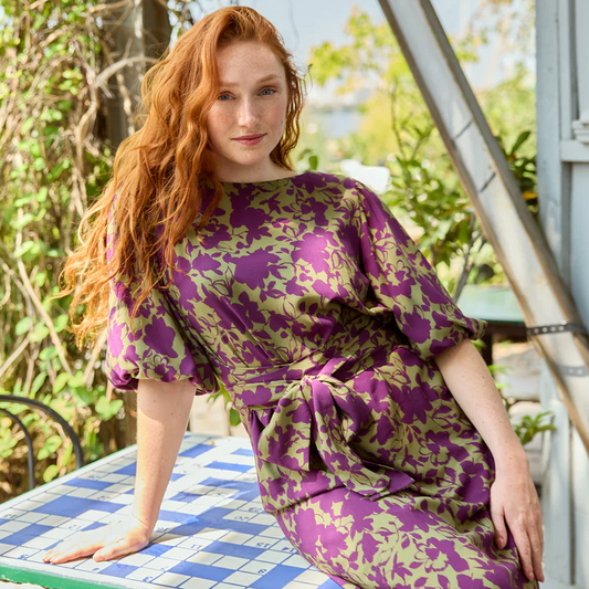 Atelier Jupe Khaki Violet Flower Viscose Fabric